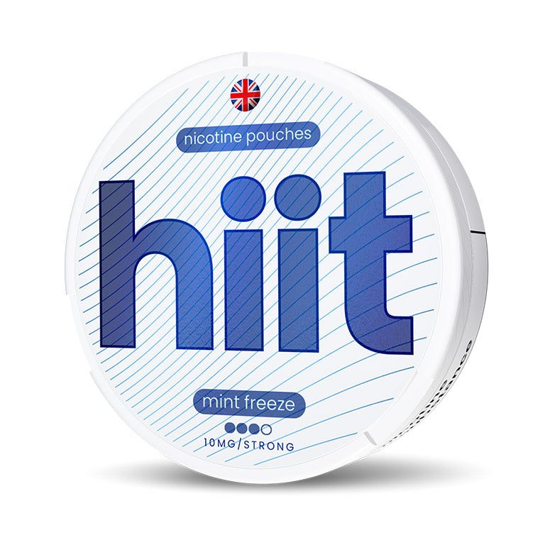 Image of Nicotine pouches in Mint Freeze flavour with 10mg Nicotine strength. Front facing image of dark blue can and hiit logo and branding.