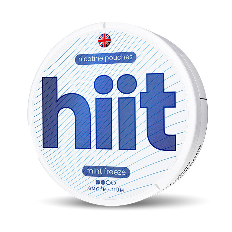 Image of Nicotine pouches in Mint Freeze flavour with 6mg Nicotine strength. Front facing image of dark blue can and hiit logo and branding.