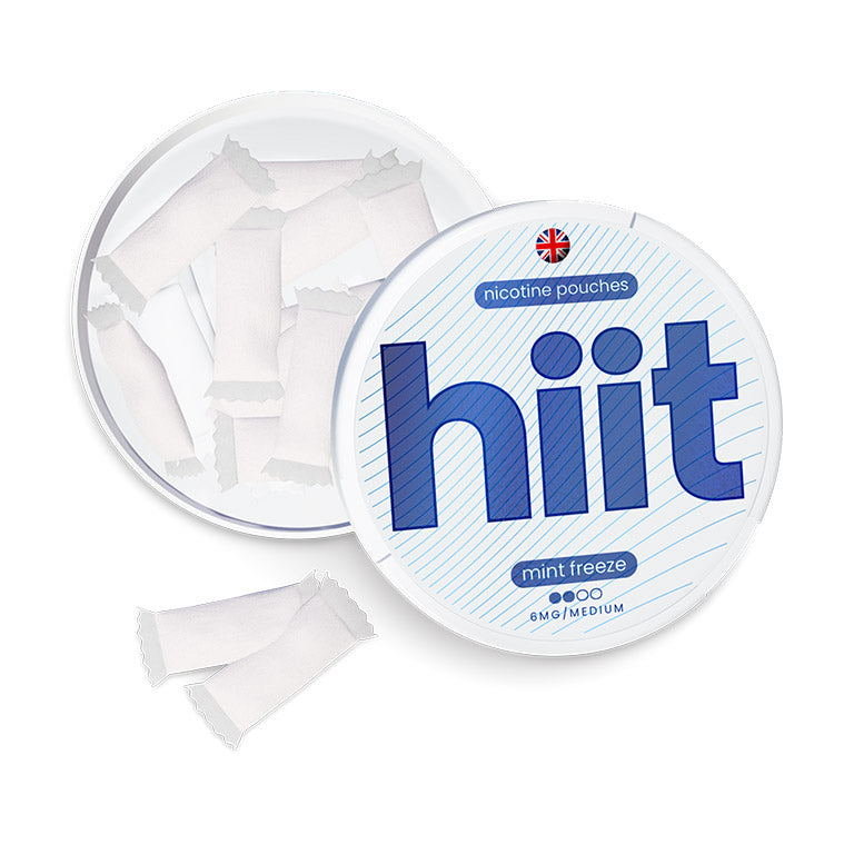 Image of Nicotine pouches in Mint Freeze flavour with 6mg Nicotine . Top down of dark blue can with open lid and pouches and hiit branding.