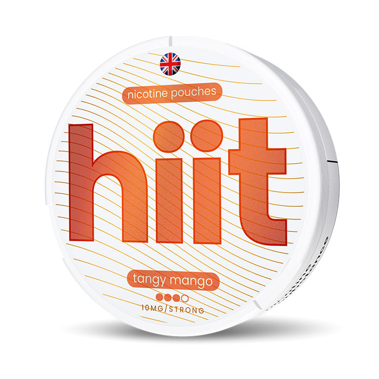 Image of Nicotine pouches in Tangy Mango flavour with 10mg Nicotine strength. Front facing of white/orange can with hiit logo.