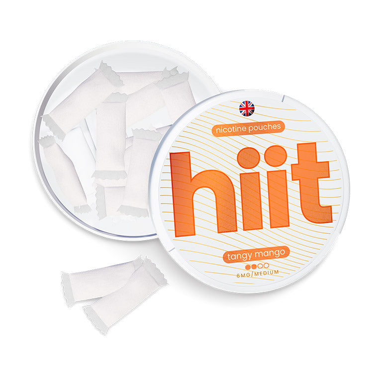 Image of Nicotine pouches in Tangy Mango flavour with 6mg Nicotine. Top down image of white/orange can with open lid showing pouches.