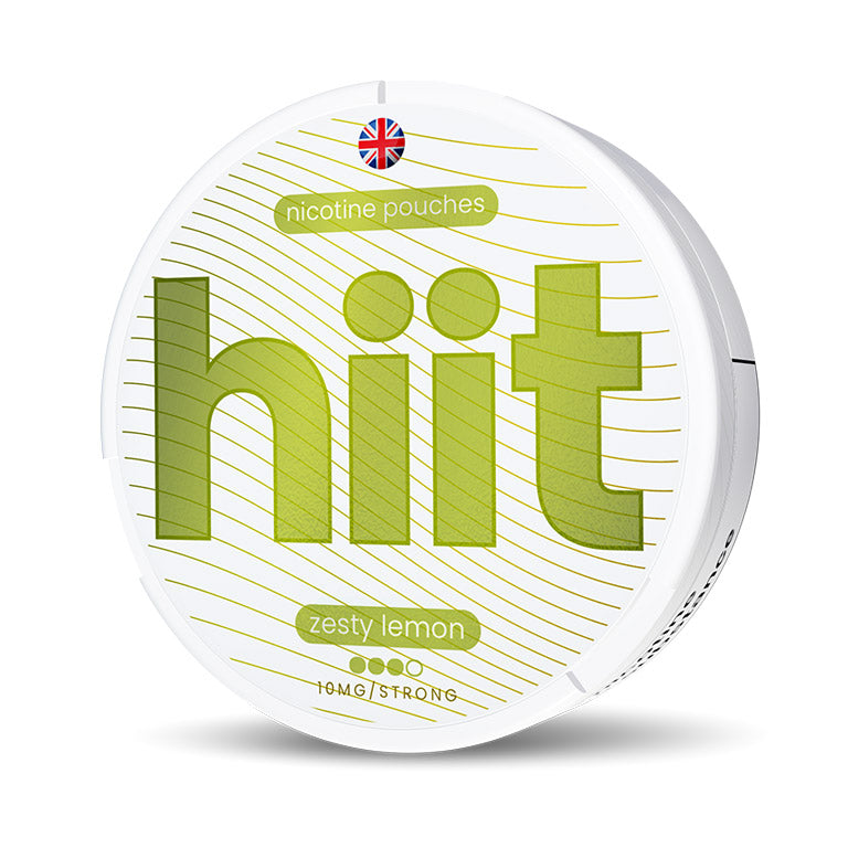 Image of Nicotine pouches in Zesty Lemon flavour with 10mg Nicotine strength. Front facing of white/lime green can & hiit logo.