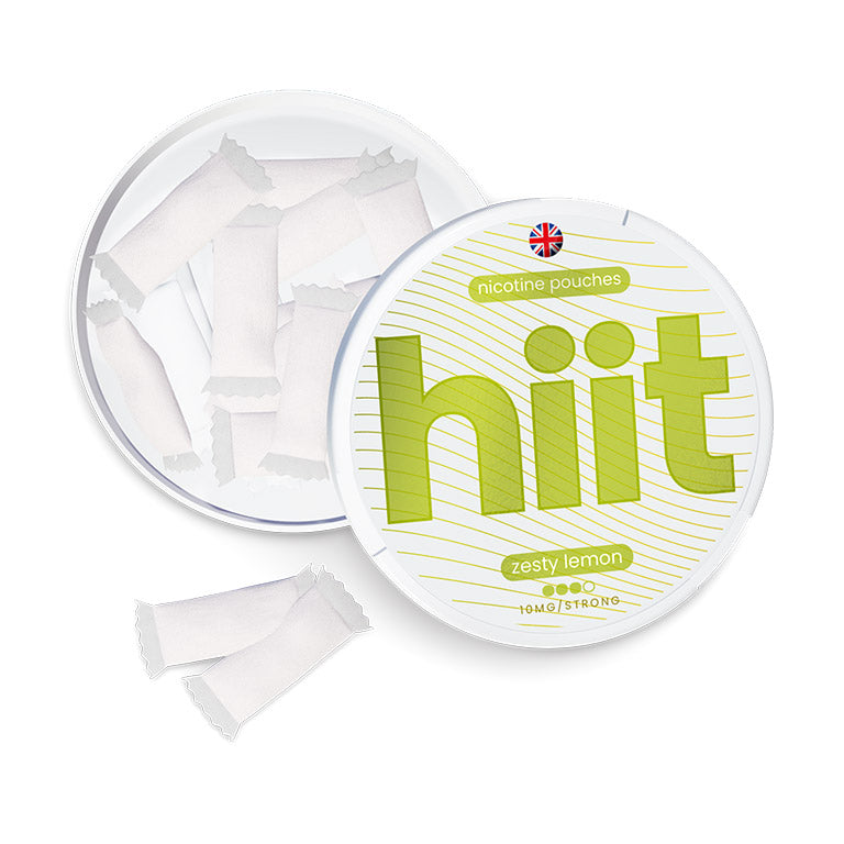 Image of Nicotine pouches in Zesty Lemon flavour with 10mg Nicotine . Top down of white/lime green can with open lid & pouches.